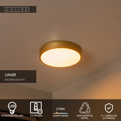 Lucide UNAR - Deckenleuchte - Ø 30 cm - LED 3 StepDim - 1x18W 2700K - Mattes Gold / Messing - USP